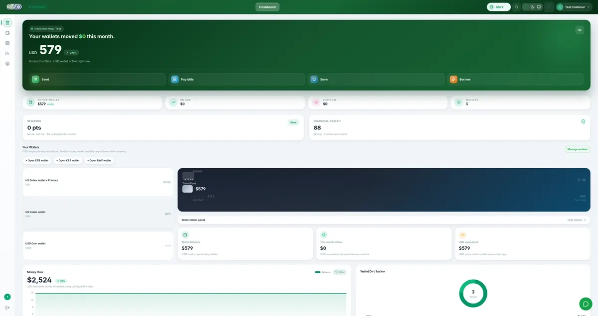 Monthly money movement, quick actions (send / pay / save / borrow), wallet cards and cash-flow chart in one view.